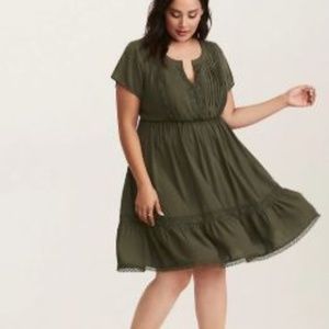 OLIVE GREEN CHALLIS LACE INSET DRESS